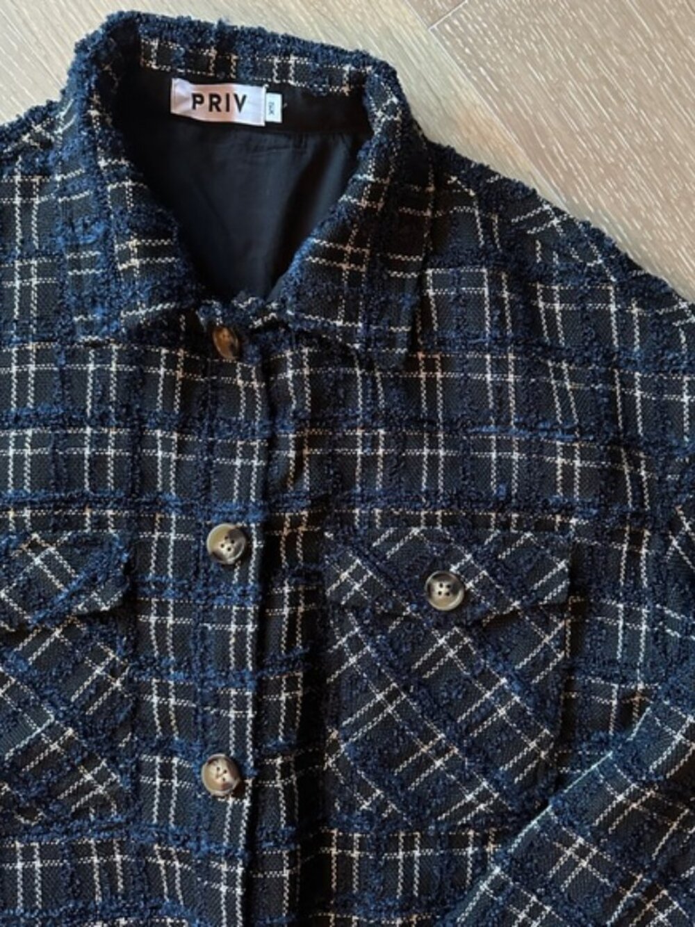 Priv Oversized Navy Bouclé Tweed Shacket – Size XS (Oversized Fit)